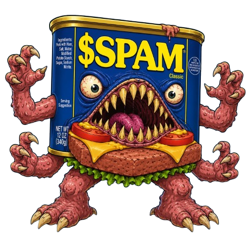 $SPAM monster — a snarling can of meat with claws and teeth